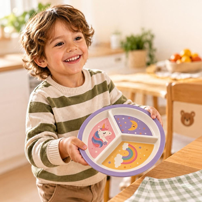 Wumboo 3 Bölmeli Melamin Çocuk Tabağı-mama Tabağı-ekstra Dayanıklı Bpa Free Beslenme Tabağı- Unicorn