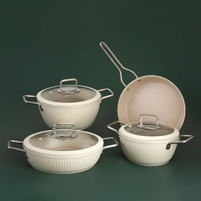 Jumbo Dublin Cream 7 Parça İndüksiyon Tabanlı Granit Tencere Seti