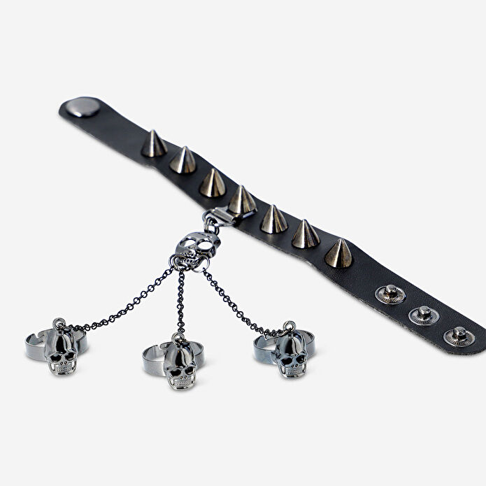 Flying Tiger Copenhagen Kurukafa Yüzüklü, Zincirli ve Zımbalı Siyah Bileklik