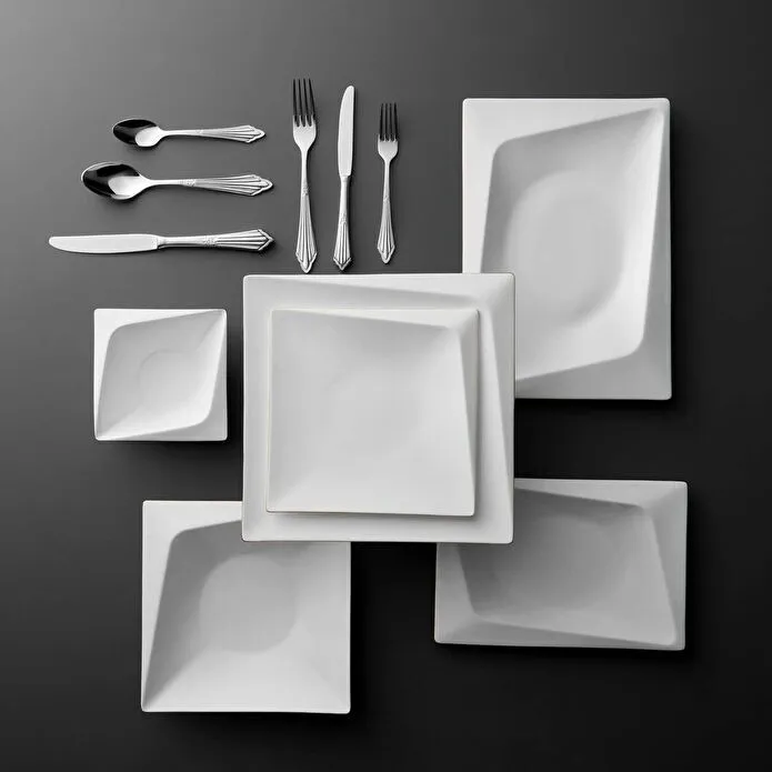 Jumbo Fold Platin 58 Parça 12 Kişilik Kare Yemek Takımı