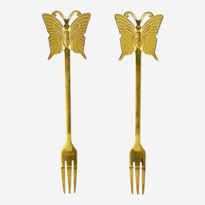Flying Tiger Copenhagen 2'li Kelebek Detaylı Gold Atıştırmalık Çatalı Seti