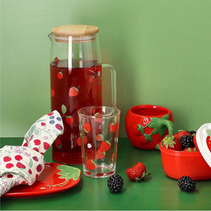 Flying Tiger Copenhagen Çilek Desenli Bambu Kapaklı Cam Sürahi