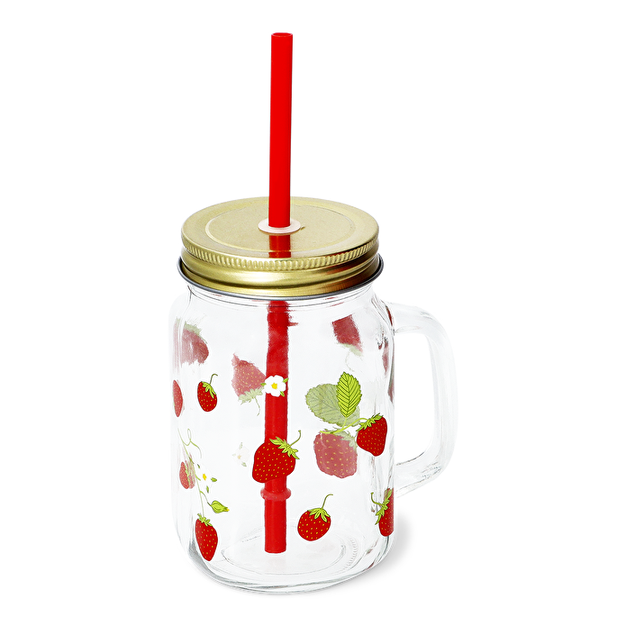 Flying Tiger Copenhagen Çilek Desenli Pipetli Cam Kavanoz Bardak