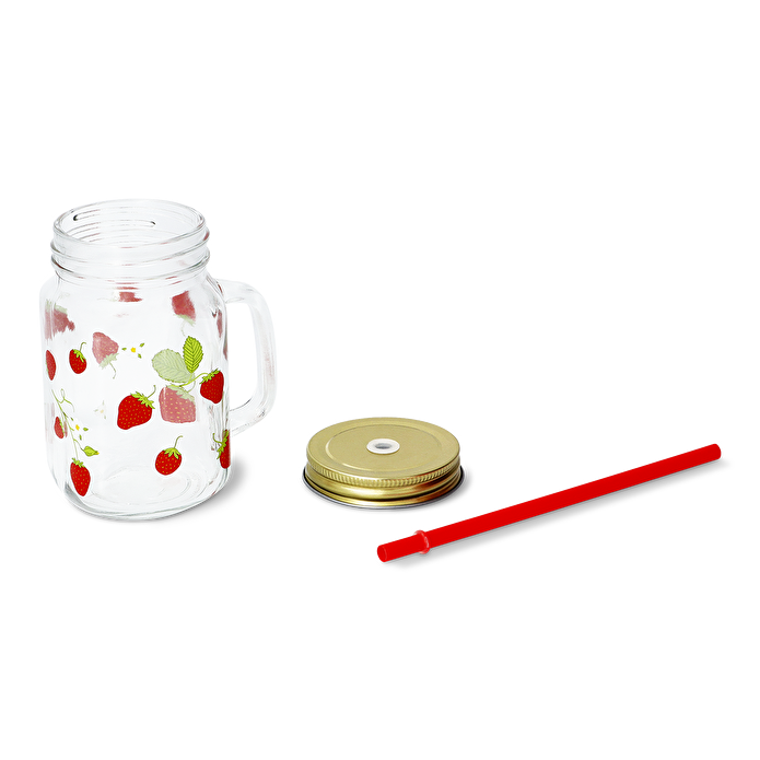 Flying Tiger Copenhagen Çilek Desenli Pipetli Cam Kavanoz Bardak