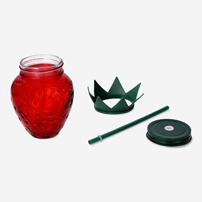 Flying Tiger Copenhagen Kırmızı Çilek Şeklinde Pipetli Cam Kavanoz Bardak