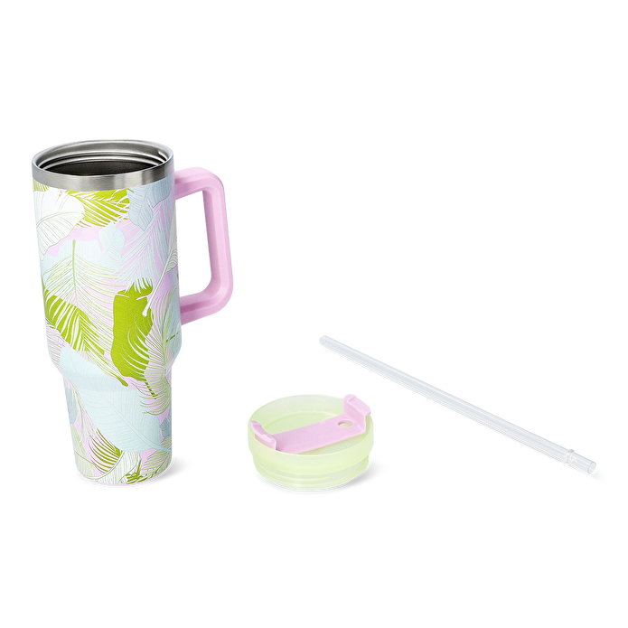 Flying Tiger Copenhagen Yeşil Tropikal Desenli Pipetli Paslanmaz Çelik Matara