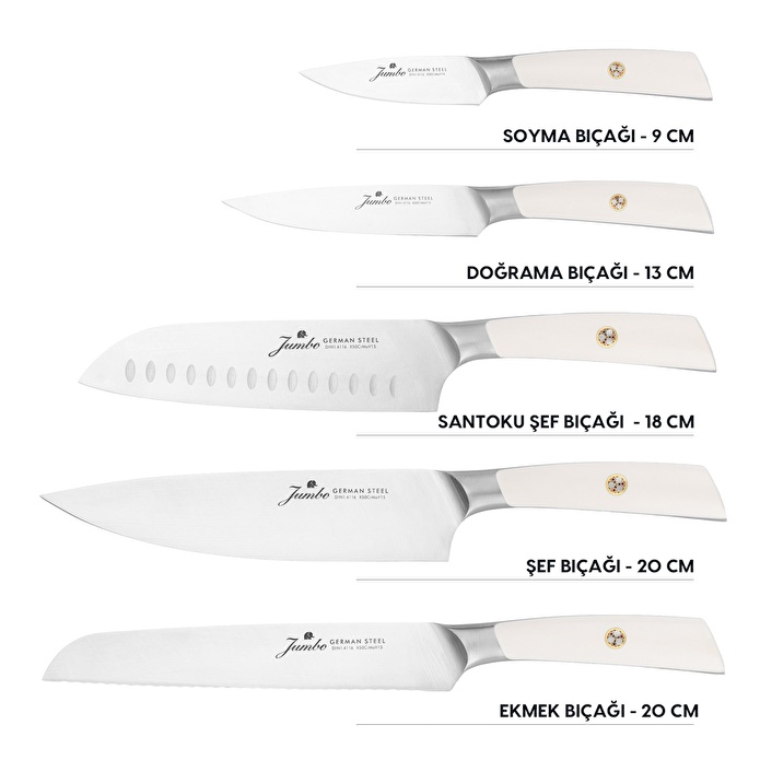 Jumbo Katana Standlı 6 Parça Beyaz Bıçak Seti