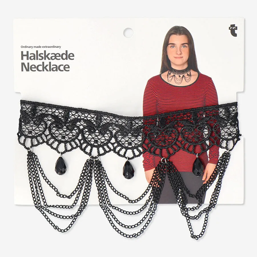 Flying Tiger Copenhagen Dantelli ve Taşlı Siyah Choker