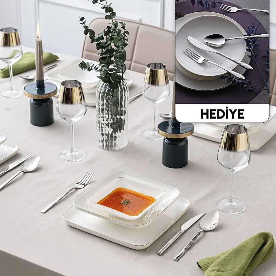 İstanbul Porselen Nadide 18 Parça 6 Kişilik Kare Yemek Takımı Gold