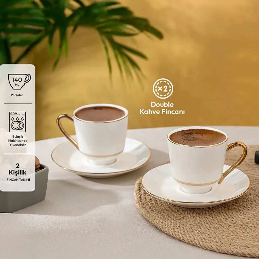 İstanbul Porselen Semin 2 Kişilik Double Kahve Fincan Takımı Gold 140 ml