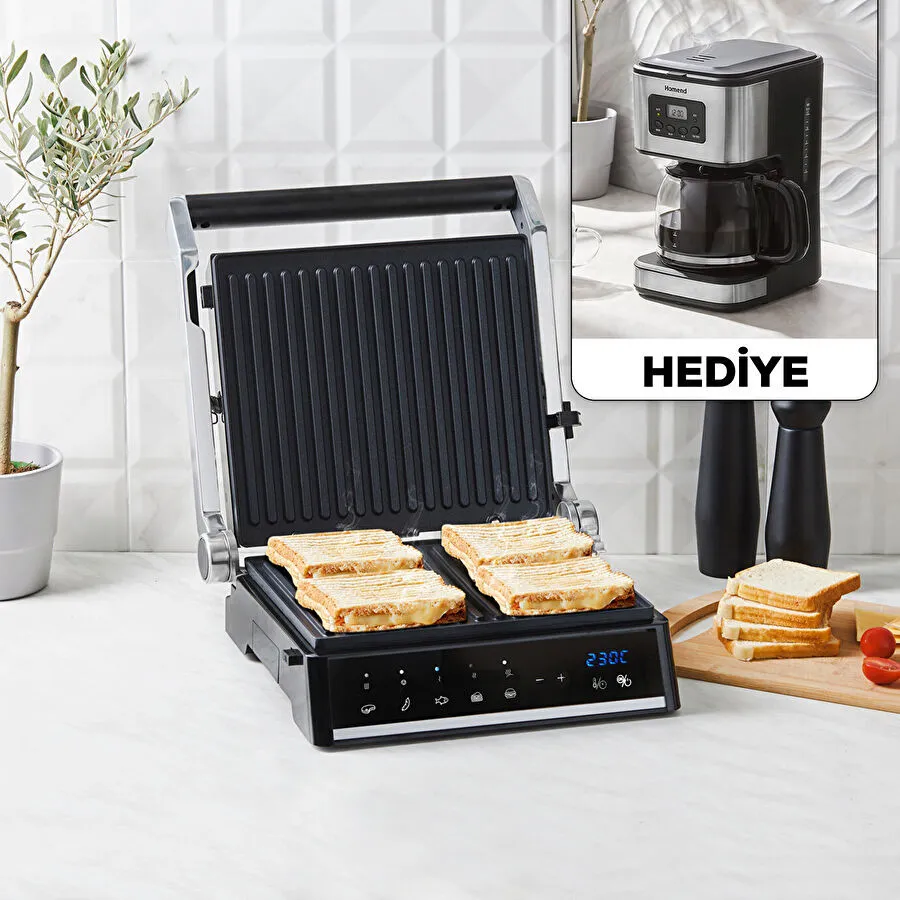 Homend Grilliant 1341H Inox Gövdeli, Döküm Plakalı, 5 Programlı, Led Ekranlı Tost ve Izgara Makinesi