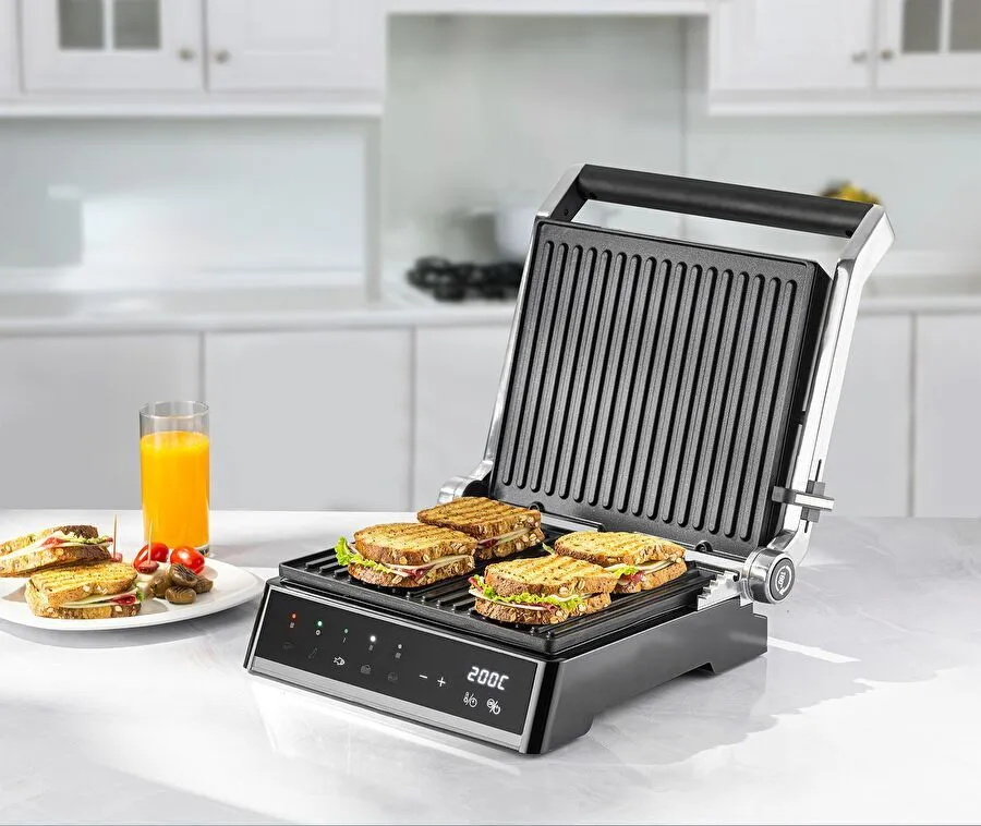 Homend Grilliant 1341H Inox Gövdeli, Döküm Plakalı, 5 Programlı, Led Ekranlı Tost ve Izgara Makinesi