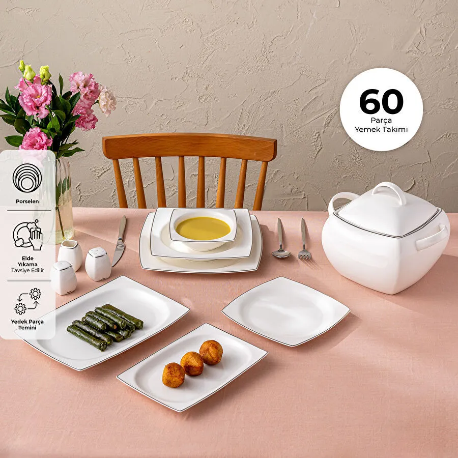 Emsan Yeni Karmen 60 Parça 12 Kişilik Yemek Takımı Kare Platin