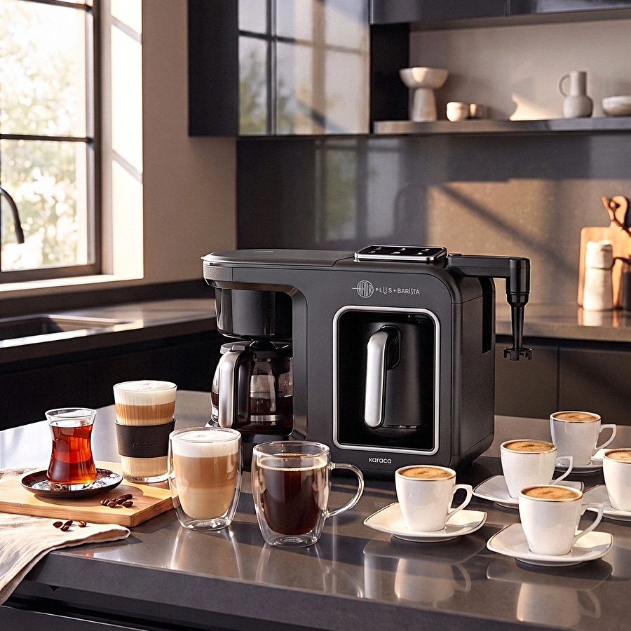 Karaca Hatır Plus Barista 6 in 1 Latte Cappuccino ve Közde Türk Kahve Makinesi Black Silver
