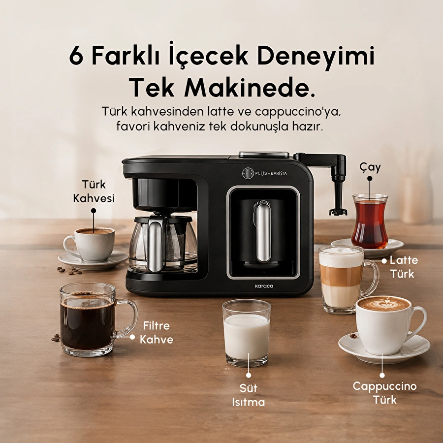 Karaca Hatır Plus Barista 6 in 1 Latte Cappuccino ve Közde Türk Kahve Makinesi Black Silver