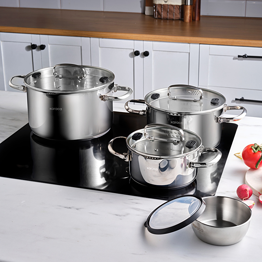 Karaca Burgaz 8 Parça Katlanabilir Kulplu İndüksiyon Tabanlı Çelik Tencere Seti