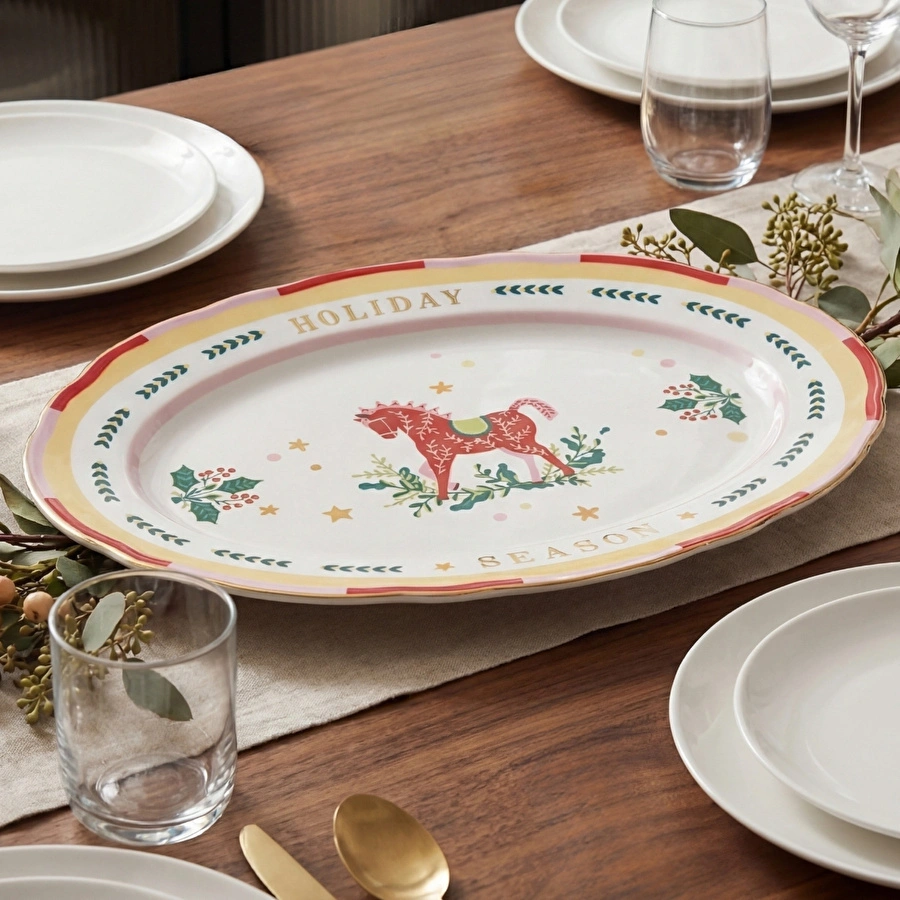 Baci Milano Mamma Mia Kırmızı At Desenli Oval Servis Tabağı