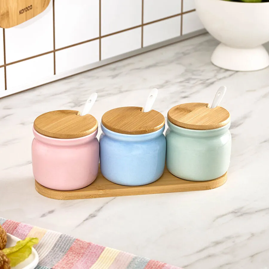 Karaca Portobello Bambu Kapaklı 3'lü Tepsili Kaşıklı Baharat Takımı