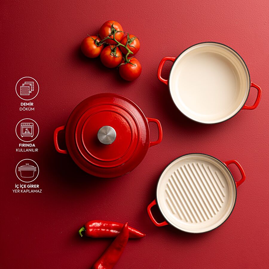 Emsan Fortino Cast Döküm Tencere Seti Kırmızı 4 Parça 22 cm