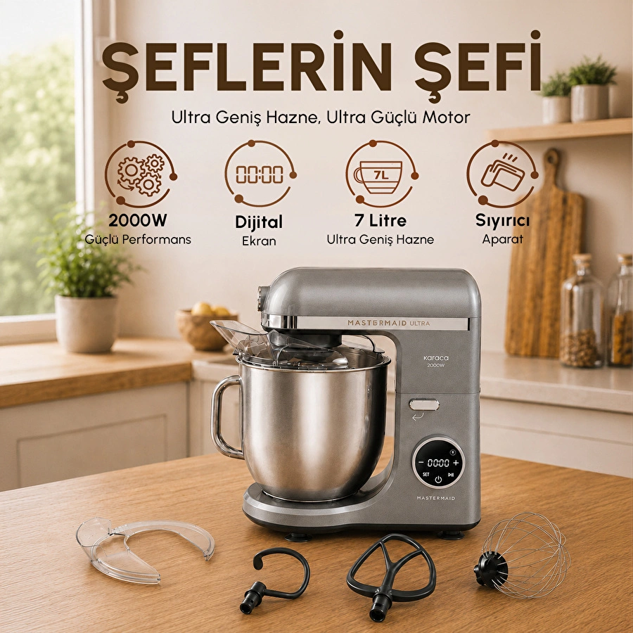 Karaca Mastermaid Chef Ultra D2000W Dijital Ekranlı Hamur Yoğurma Makinesi Galaxy Grey 7L