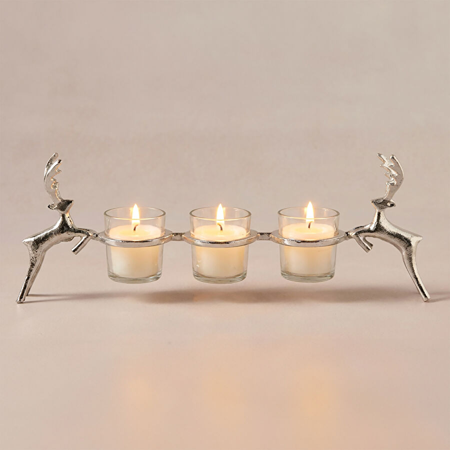 Karaca Home New Year Yılbaşı Geyikli Roe 3'lü Dekoratif Mumluk 47x16,5 cm