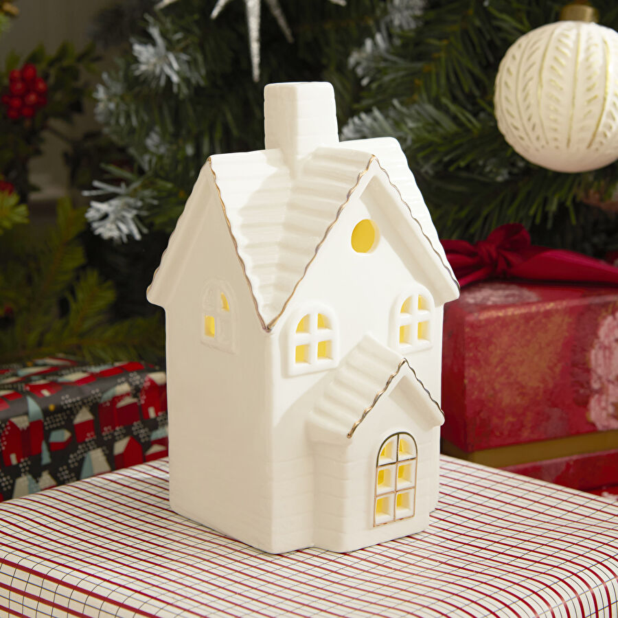 Karaca Home New Year Yılbaşı Ev Şekilli Ledli Dekoratif Obje Beyaz 10,2 x 9,7 x 18 cm