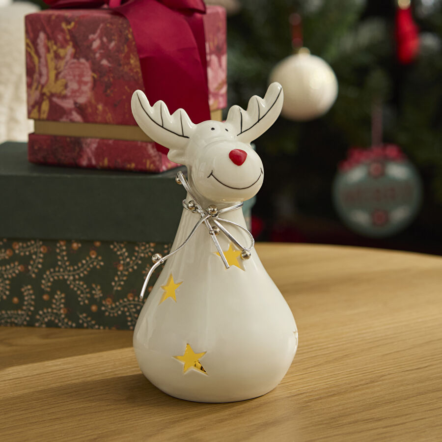 Karaca Home New Year Yılbaşı Yıldız Yansımalı Ledli Geyik Dekoratif Obe 9,5 x 9,5 x 17 cm