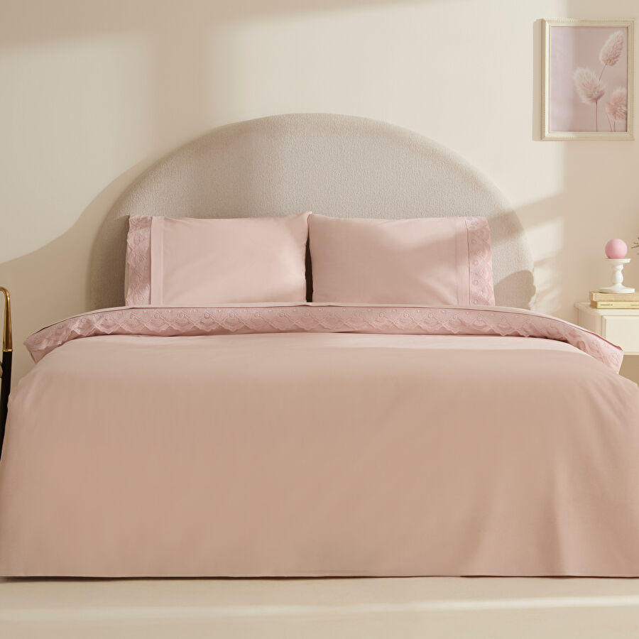 Karaca Home Teora %100 Pamuk Dantelli Çift Kişilik Nevresım Takımı Pudra