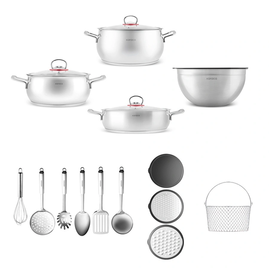Karaca Karıştır-Pişir-Sakla 18 Parça Karıştırma Kabı ve Servis Gereçli Çelik Çeyiz Tencere Seti