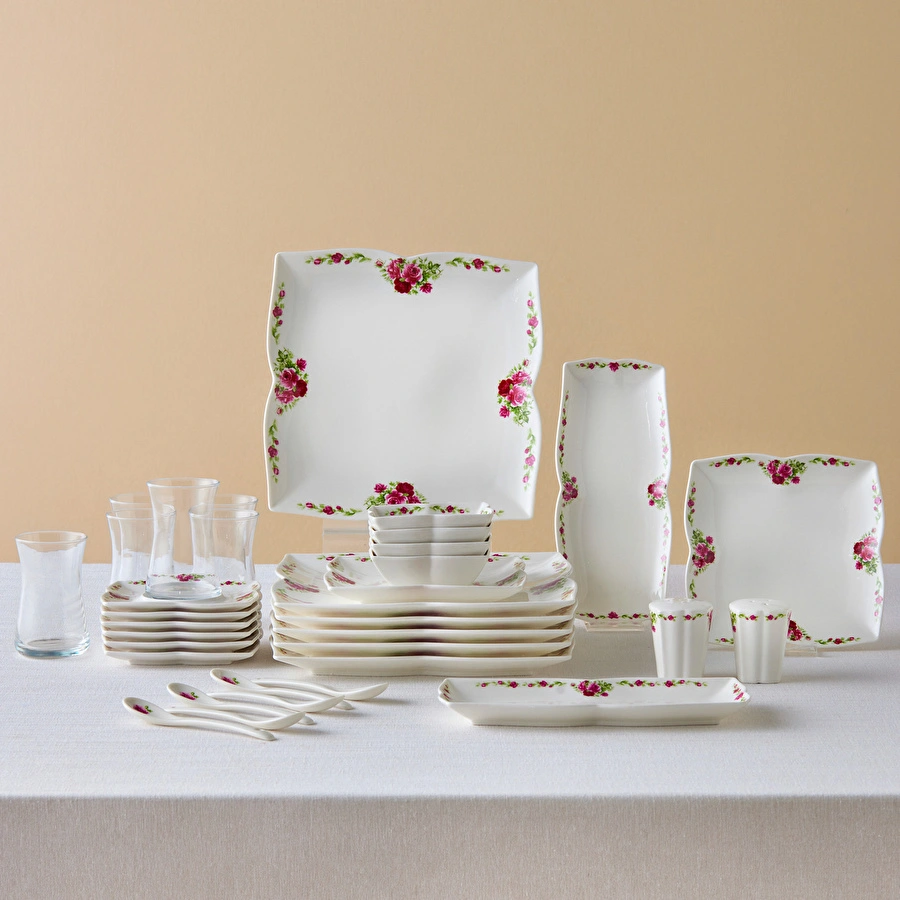 Karaca Square Bone Red Rose Kare 34 Parça 6 Kişilik Kahvaltı Seti