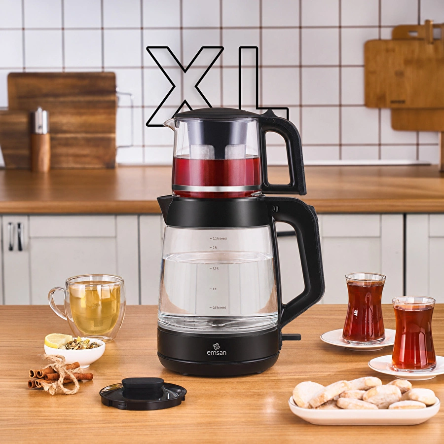 Emsan Glass Tea XL 2 in 1 Cam Çay Makinesi ve Kettle Shiny Black