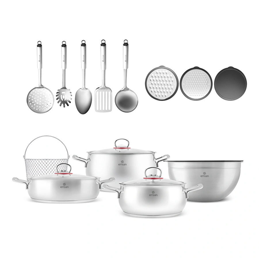 Emsan Karıştır-Pişir-Sakla 18 Parça Karıştırma Kabı ve Servis Gereçli Çelik Tencere Seti
