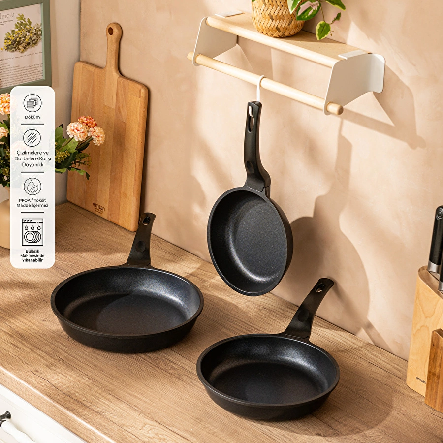 Emsan Stone Alüminyum Döküm 3'lü Tava Seti Siyah