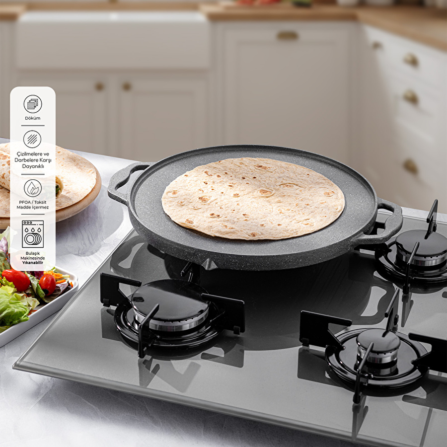 Emsan Stone Alüminyum Döküm Çift Taraflı Gözleme Tavası 34 cm Gri