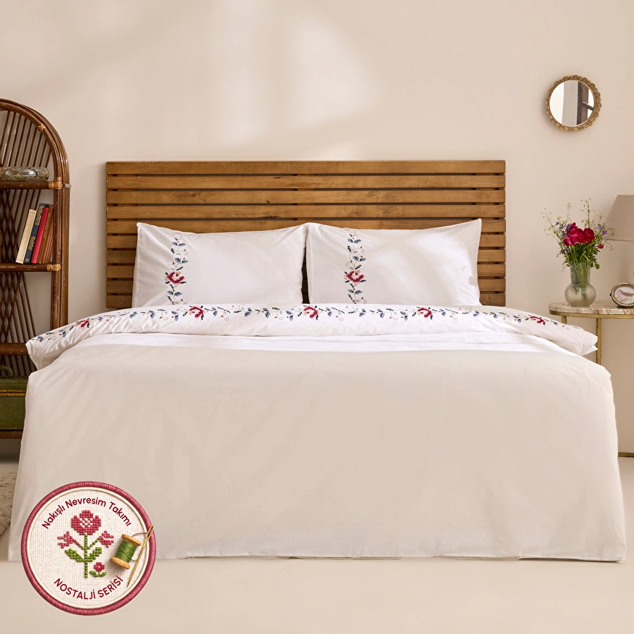 Karaca Home Miretta %100 Pamuk Kanaviçe Nakışlı Çift Kişilik Nevresim Takımı Beyaz