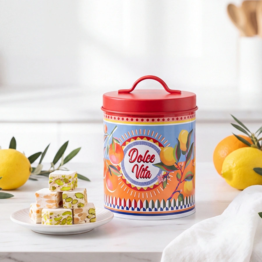 Baci Milano Dolce Vita Limon & Portakal Desenli Kırmızı Mavi Paslanmaz Çelik Vakumlu Silindir Saklama Kutusu Ø 11 cm, H 18 cm
