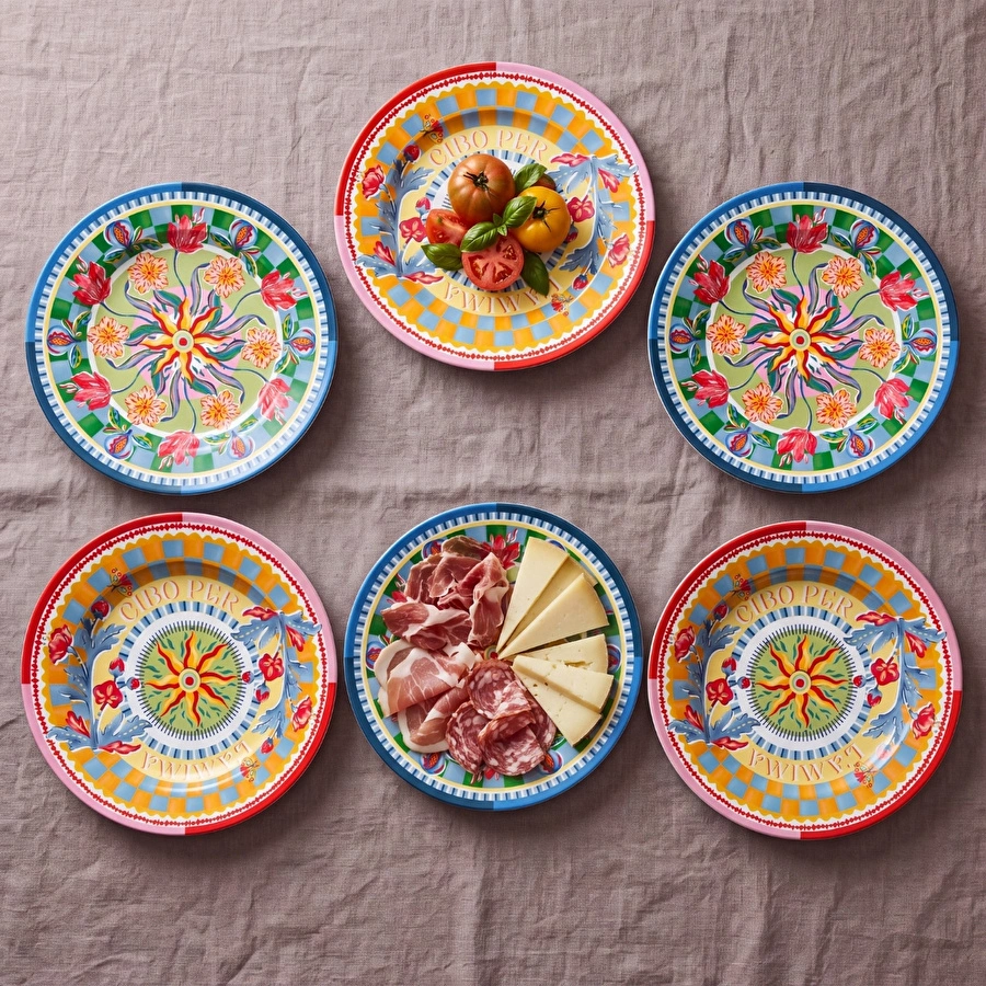 Baci Milano Dolce Far Niente Mavi ve Pembe Renkli Karışık 6 Parça Melamin Servis Tabağı 28 cm