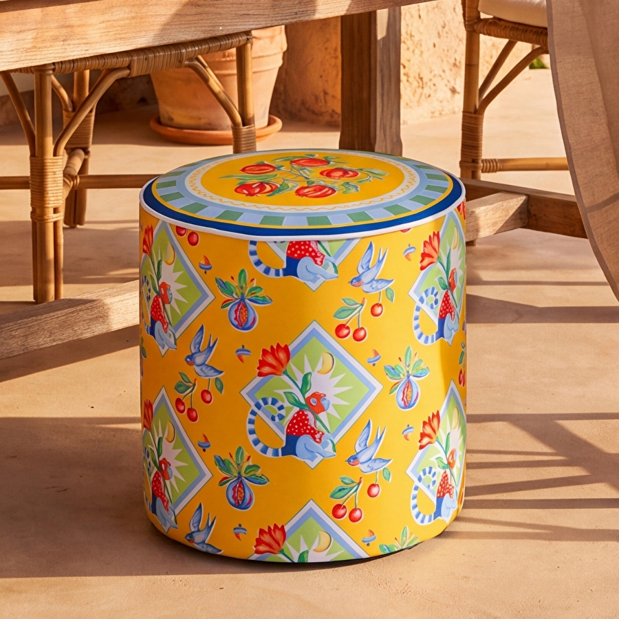 Baci Milano Dolce Far Niente Desenli Sarı Kadife Dokulu Puf Ø 45 cm; H 45 cm