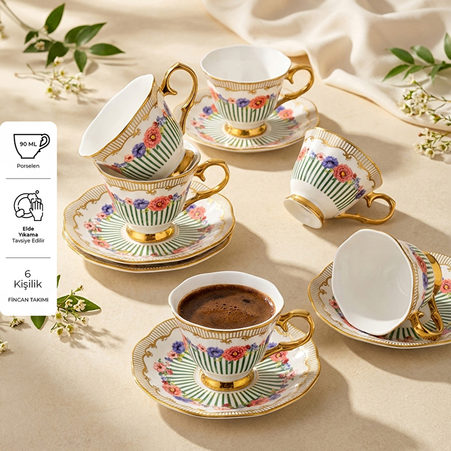 Emsan Çiçekli 6 Kişilik Kahve Fincan Takımı 90 ml
