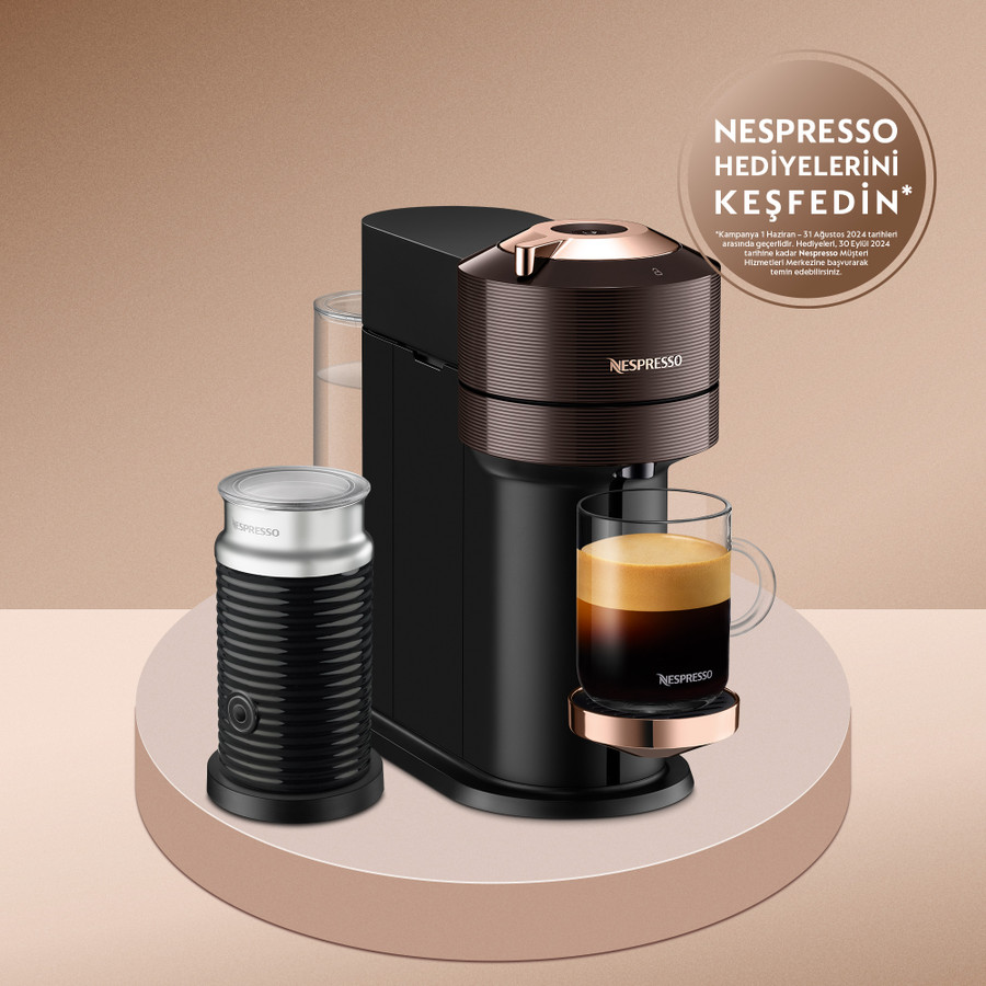 Nespresso Vertuo Next Premium Bronz Kahverengi Kahve Makinesi ve Süt Köpürtücü Aksesuar