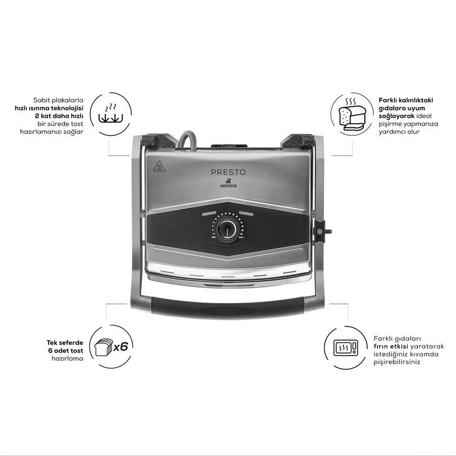 Karaca Presto 2001 Izgara ve Tost Makinesi İnox 2000W 6 Dilimli