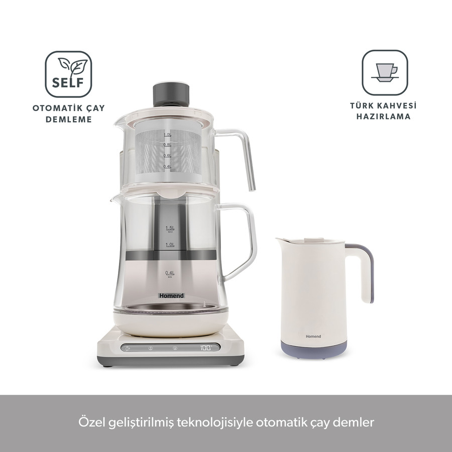 Homend Smart Royaltea Plus 2 in 1 Otomatik Çay ve Türk Kahve Makinesi Krem