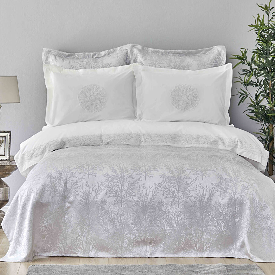 Karaca Home Plume Silver Fransız Dantelli Çift Kişilik Nevresim Yatak Örtüsü Seti