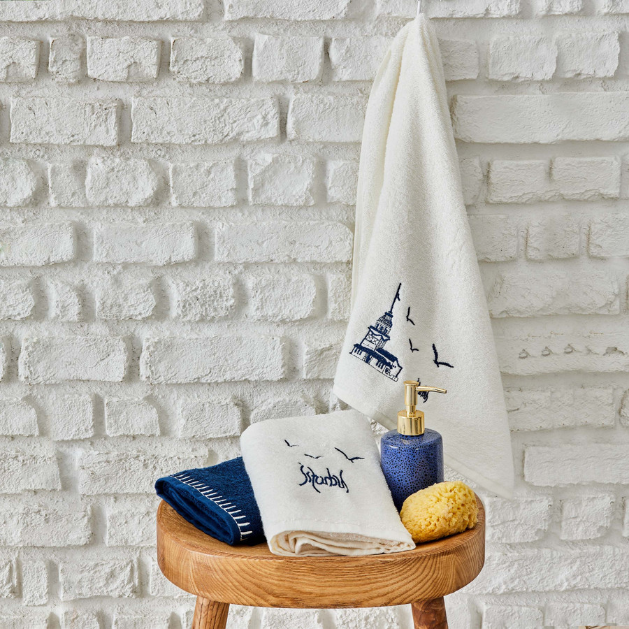 Karaca Home Kız Kulesi İndigo %100 Pamuk 3 Parça Nakışlı Havlu Set 30x50 cm