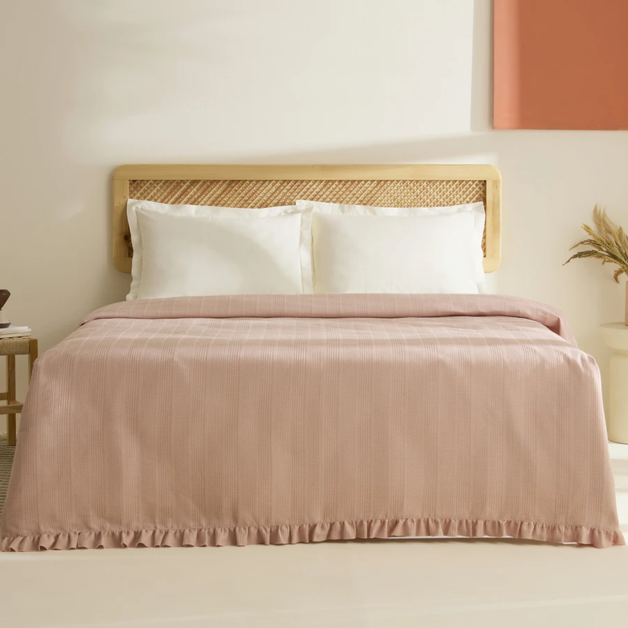 Karaca Home Maye %100 Pamuk Fırfırlı Çift kişilik Tek Pike Somon