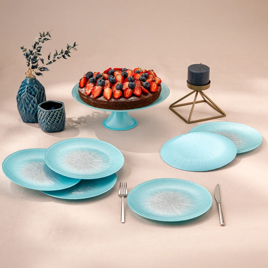 Emsan Pastel 7 Parça Cam Pasta / Tatlı Seti Mavi