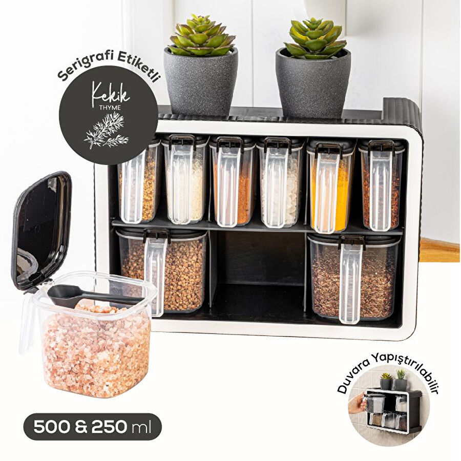 Vienev Beyaz Serigrafi Etiketli 9'lu Standlı Kendinden Yapışkanlı Kaşıklı Baharatlık Seti Antrasit