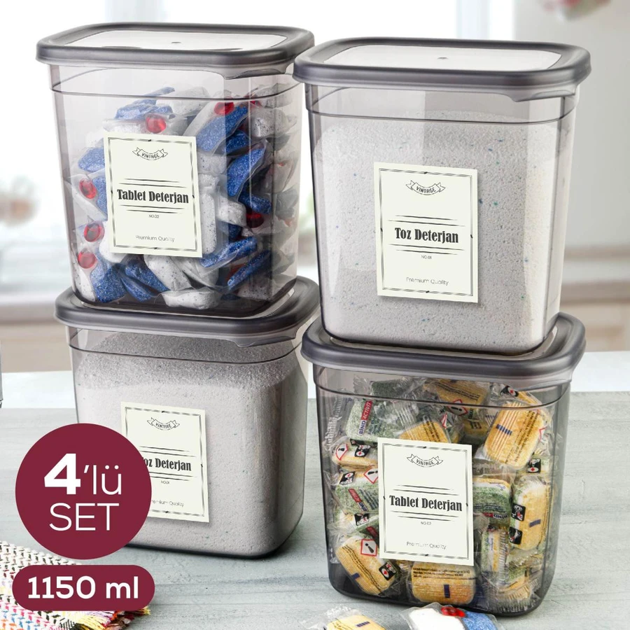 Vienev Etiketli 1150 Ml 4lü Peggy Dikdörtgen Deterjan Saklama Kabı Seti Antrasit