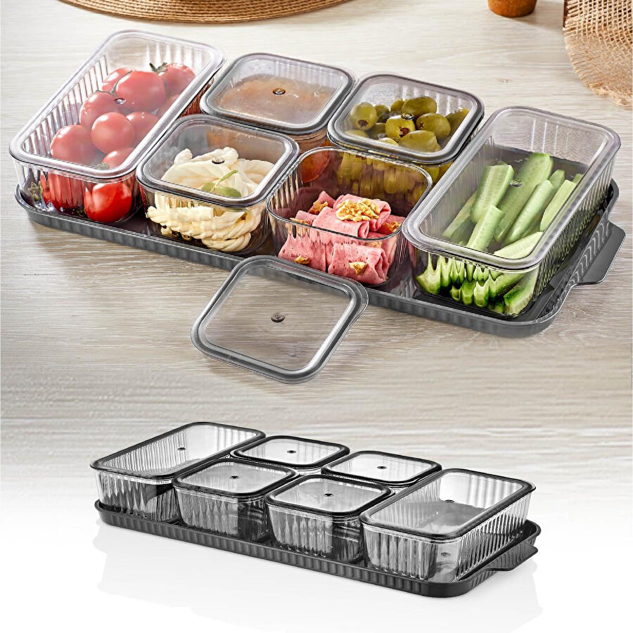 Vienev 6 Dikdörtgen Bölmeli Kapaklı Kahvaltılık Seti Akrilik