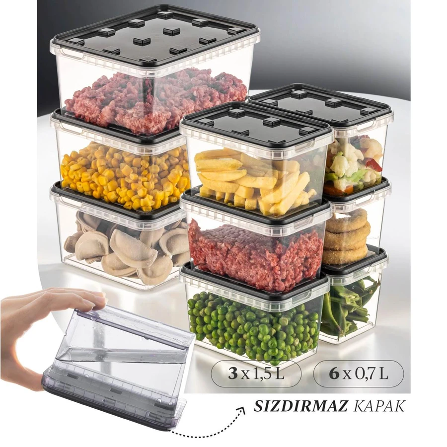 Vienev 9'lu Block Buzdolabı Ve Derin Dondurucu Sızdırmaz Saklama Kabı Şeffaf Antrasit 3x(1,5 Lt)-6x(0,7 Lt)